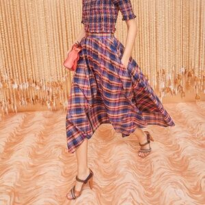 Ulla Johnson Annette Skirt - Blue Plaid Silk Cotton Midi Skirt NEW